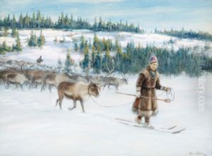 Winter Landscape With Laplanders Andreindeer by Johan Tiren