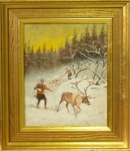 Renar Och Pojkar I Vinterlandskap by Johan Tiren