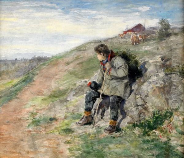 Vilande Samepojke I Landskap - Motiv Fran Hobergs Fabodar - view 1