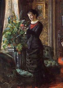 Portrait of Fru Lisen Samson, nee Hirsch, Arranging Flowers at a Window by Anders Zorn