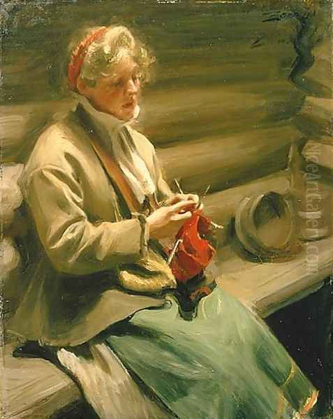 Girl from Dalecarlia knitting - view 1