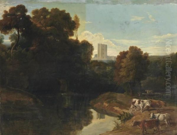 Cattle By A River In A Wooded Landscape, A Castle Beyond - view 1