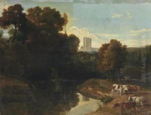 Cattle By A River In A Wooded Landscape, A Castle Beyond
