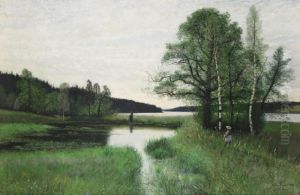 Sommarlandskap Med Promenerande Flicka by Oscar Emil Torna