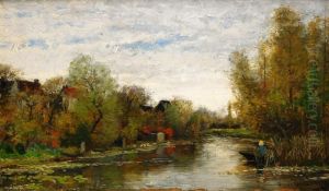 Franskt Flodlandskap Med Figurer by Oscar Emil Torna