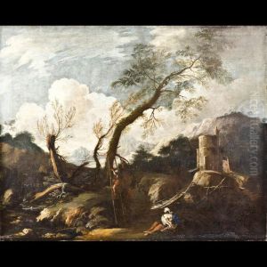 Paesaggio Con Figure E Torrione Sullo Sfondo by Bartolomeo Torreggiani