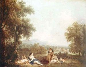 Classical figures in an Italian landscape by Francesco Zuccarelli