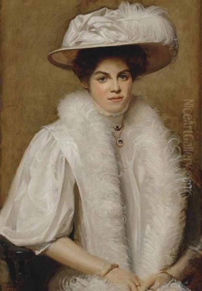 Portrait Of Doris Campbell, Half-length, In A White Dress And Hat With Feathers - view 1