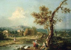 An Italianate River Landscape with Travellers by Francesco Zuccarelli