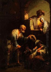 Alter Mann Mit Wanderstab Und Hut Neben Mutter Mit Kind by Johann Georg Trautmann