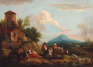 A landscape with a drover and peasants on a river bank near a farmhouse