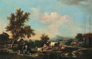 A river landscape with peasants, cattle and goats near farm buildings by Francesco Zuccarelli
