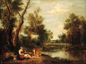 A wooded river landscape with figures resting on a bank