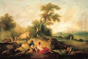 A landscape with figures by a stream, herdsmen and cattle beyond by Francesco Zuccarelli
