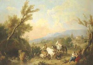 A landscape with peasants and animals by a river with a fortified town on a ridge beyond by Francesco Zuccarelli