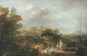 An Italianate river landscape with a herdsman and women fetching water