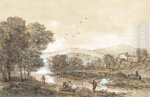 A wooded river landscape with an angler, drovers and a town beyond by Francesco Zuccarelli