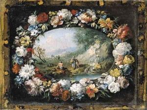 A wooded river landscape with figures by a waterfall, within a feigned cartouche decorated with a garland of flowers by Francesco Zuccarelli
