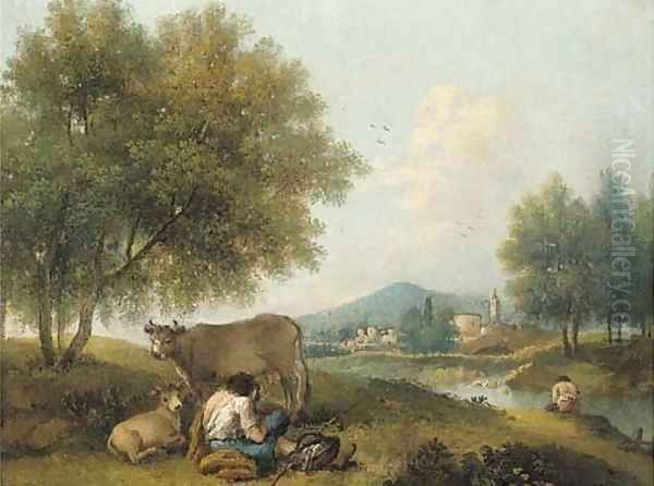 A wooded river landscape with herdsmen and cattle, a town beyond - view 1