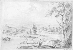 An extensive Italianate river landscape with peasant women fishing by Francesco Zuccarelli