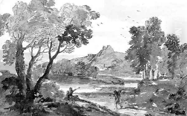 An Italian river landscape with two travellers on a road - view 1