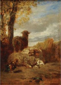Three Sheep And A Rooster by Constant Troyon