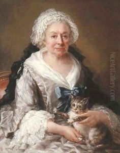 Portrait of an old lady, seated half-length, in a lilac satin dress with embroidered cuffs and head-dress and a blue ribbon, a cat on her lap