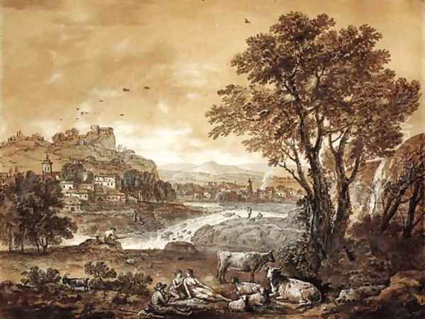 An extensive river landscape with shepherds resting under a tree by a cascade - view 1