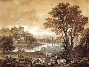 An extensive river landscape with shepherds resting under a tree by a cascade