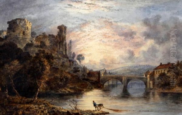 Castle Ruins By A River And Bridge - view 1