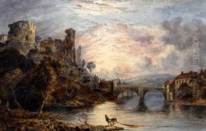 Castle Ruins By A River And Bridge by Edward Tucker
