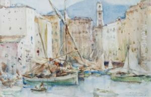 Boats Moored In The Harbour, Camogli, Italy by Henry Scott Tuke