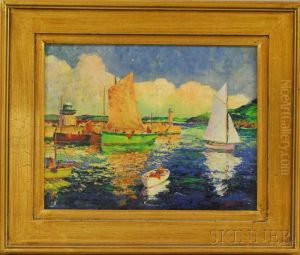 Moored Sailboats And Pier With Two Lighthouses by George Turland