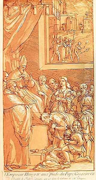 Emperor Henri IV (1050-1106) at the feet of Pope Gregory VII (1020-85) engraved by Nicolas Le Sueur (1691-1764) - view 1