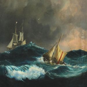 Pilot Boat At Sea In Bad Weather by Laurits Regner Tuxen