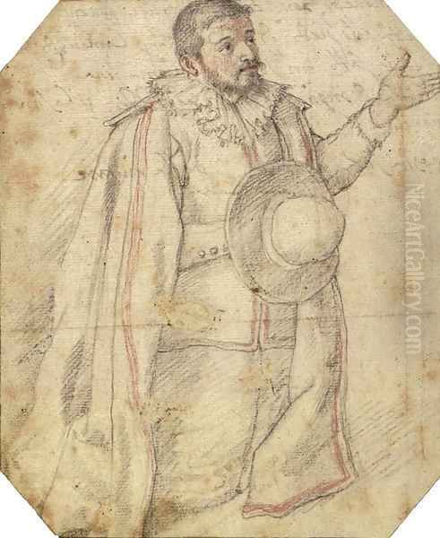 A kneeling man holding a hat and gesturing with his left hand - view 1