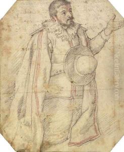 A kneeling man holding a hat and gesturing with his left hand by Federico Zuccaro