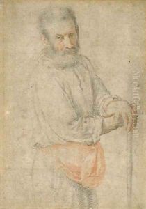 Portrait of a bearded man with both arms resting on a stick by Federico Zuccaro