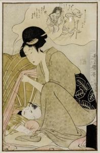 Schlafendes Kind Mit Albtraumen Und Besorgter Mutter by Kitagawa Utamaro