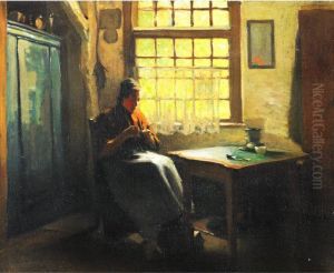 Peasant Mother Knitting In A Kitchen