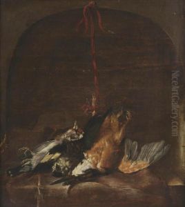 A Goldfinch, A Sparrow And A Kingfisher, On A Draped Ledge In A Stone Niche by Willem Van Aelst