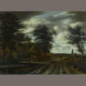 A Country Lane With A Farm And Figures And Cattle In The Foreground