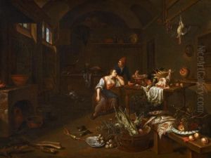 Kitchen Interior With Sleeping Maid