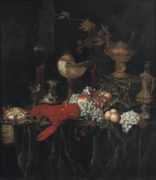 A Lobster, A Crab On An
Enamelled Plate, Peaches, Grapes, Glasses Of Wine And Guilded Vessels On
A Draped Table - view 1