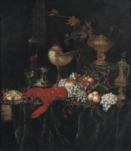 A Lobster, A Crab On An 
Enamelled Plate, Peaches, Grapes, Glasses Of Wine And Guilded Vessels On
 A Draped Table