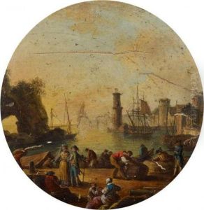 Marine, Idealized View Of A Harbour With Various Figures In The Foreground Marine, Idealized View Of A Harbour With Various Figures In The Foreground
