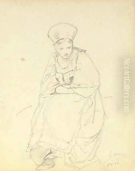 A seated peasant girl looking down - view 1