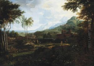 An Italianate Wooded River 
Landscape With Travellers On A Track And Figures At Rest On The Bank, 
Mountains Beyond