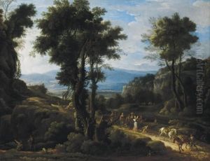A Wooded Landscape With Travellers On A Track And Peasants Music Making by Jan Frans Van Bloemen (Orizzonte)