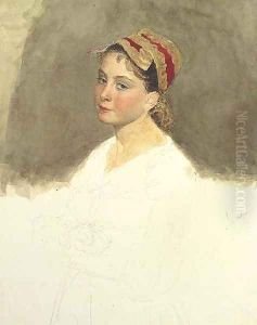Portrait of a Russian peasant girl, half-length, in a Russian headress by Mihaly von Zichy